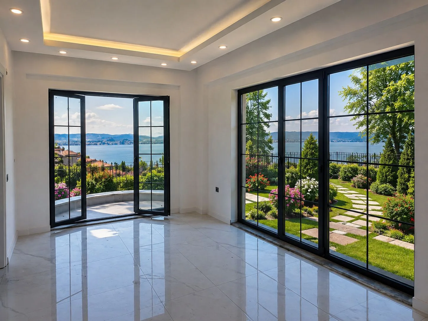Actual villa interior with windows overlooking the landscape